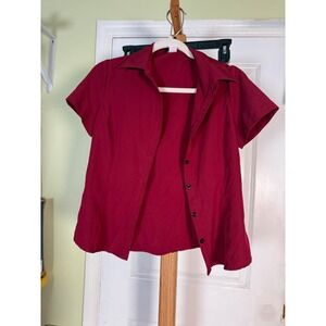 Qiao Jing Li Womens Red Short Sleeve Button Down Blouse Shirt Size M Collared